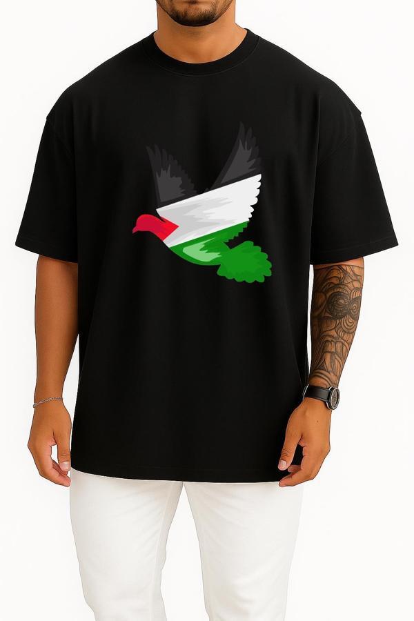 Oversize Barış Güvercini Filistin Göğüs Tasarımlı Unisex T-Shirt - Image 1