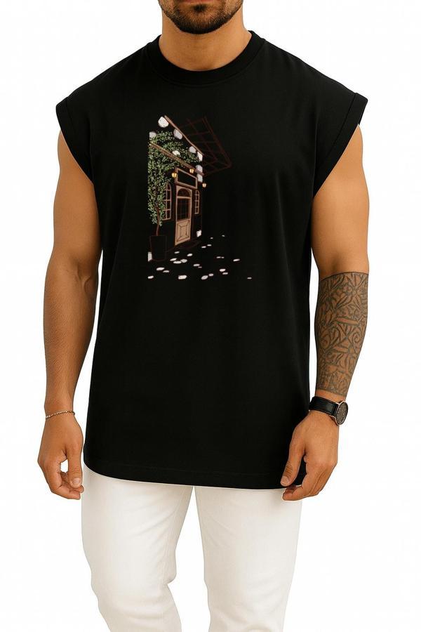 Oversize Kahverengi Ahşap Kapı İllüstrasyon Göğüs Tasarımlı Atlet - Image 1