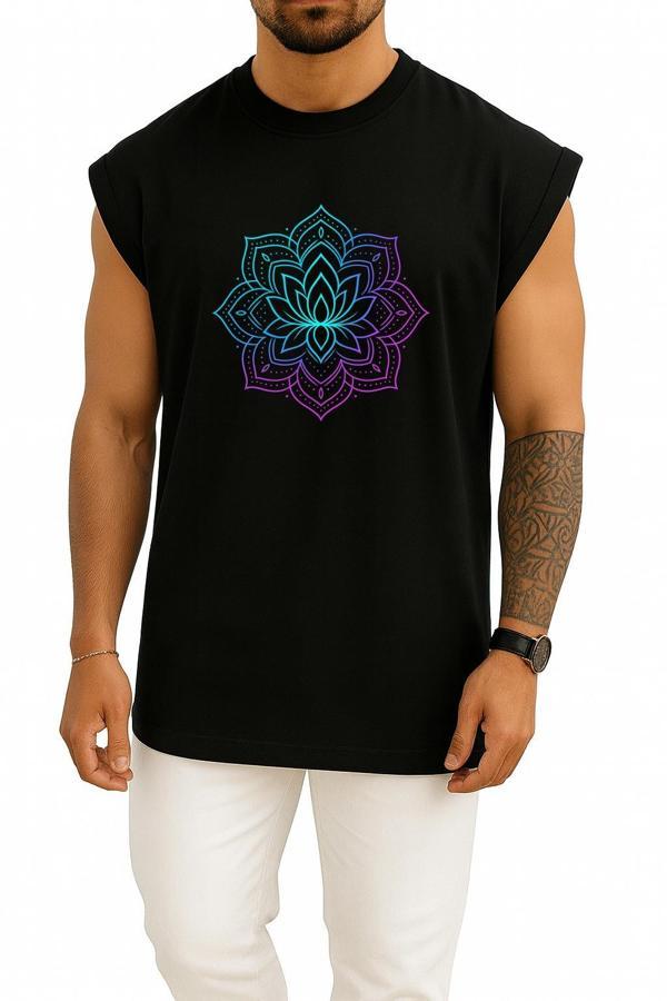 Oversize Neon Lotus Mandala – Turkuaz Mor Işıltı Göğüs Tasarımlı Atlet - Image 1