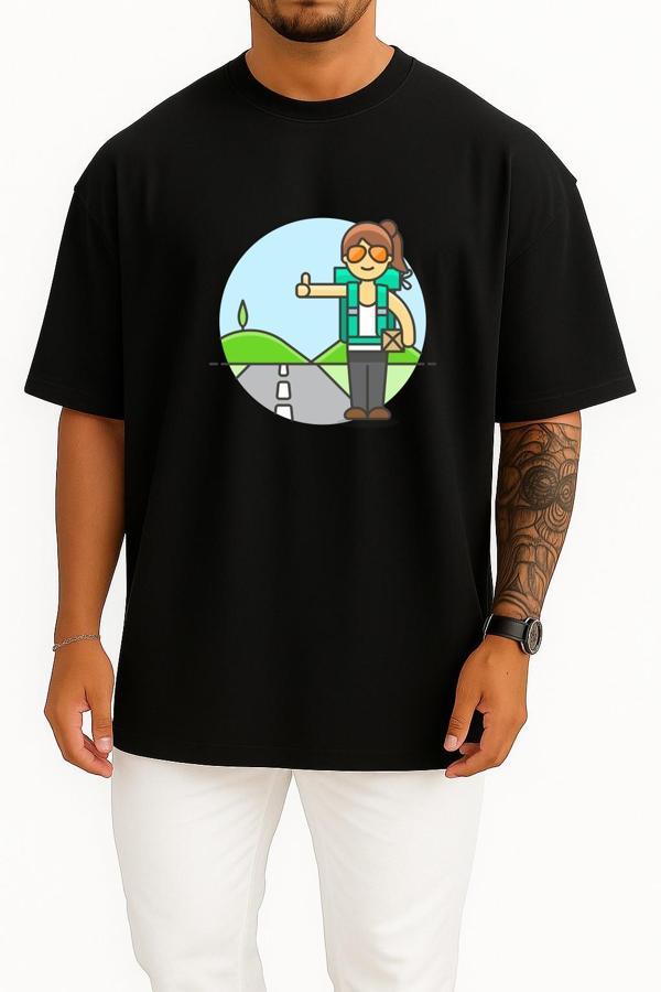 Oversize Otostop Gezgin Kadın - Traveller Göğüs Tasarımlı Unisex T-Shirt - Image 1