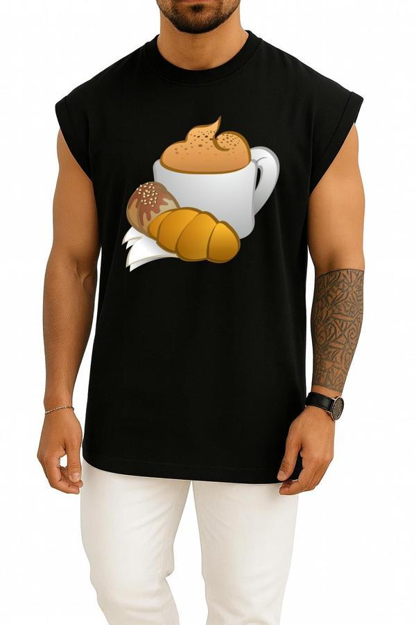 Oversize Kahve Croissant Kahvaltı Göğüs Tasarımlı Atlet - Image 1