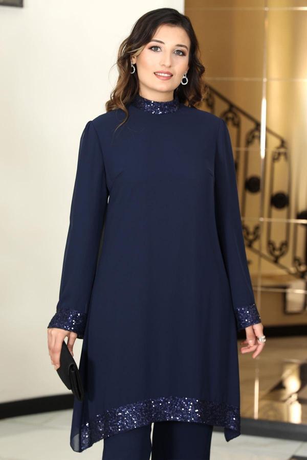 Umay Şifon Tunik Pantolon Takım Lacivert TBSELB68 - Image 1