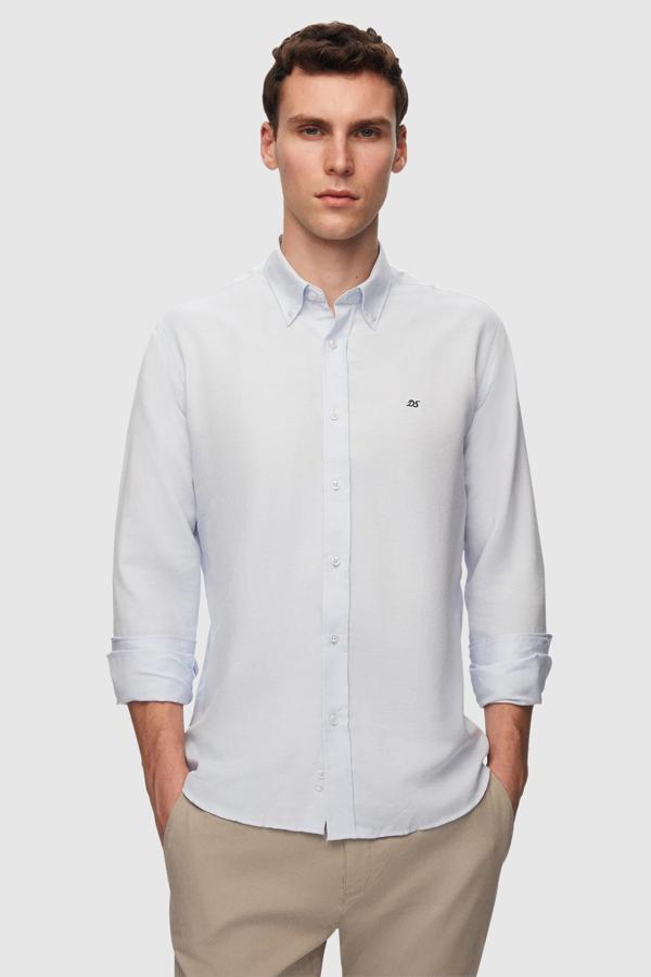 Ds Damat Slim Fit Mavi Oxford Düğmeli Yaka Kolay Ütülenebilir Nakış Detaylı Pamuklu Gömlek - Image 1