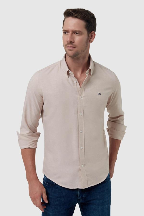 Ds Damat Slim Fit Bej Oxford Düğmeli Yaka Kolay Ütülenebilir Nakış Detaylı Pamuklu Gömlek - Image 1