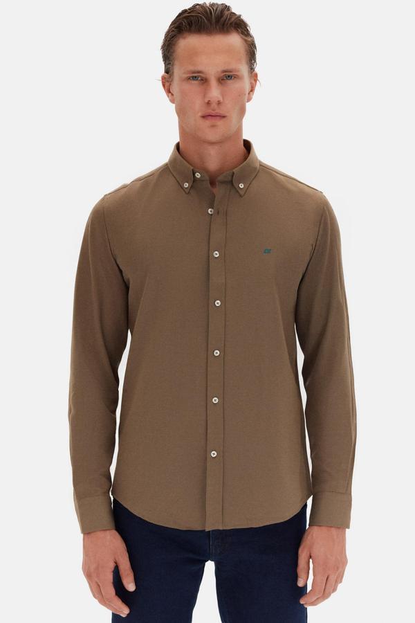 Ds Damat Slim Fit Haki Oxford Düğmeli Yaka Kolay Ütülenebilir Nakış Detaylı Pamuklu Gömlek - Image 1