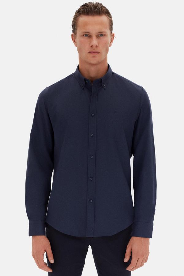 Ds Damat Slim Fit Lacivert Oxford Düğmeli Yaka Kolay Ütülenebilir Nakış Detaylı Pamuklu Gömlek - Image 1