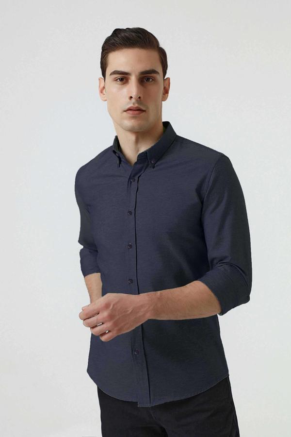 Ds Damat Slim Fit Lacivert Armürlü Düğmeli Yaka Pamuklu Gömlek - Image 1