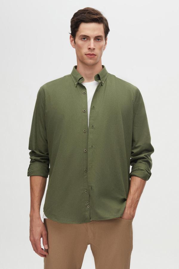 D's Damat Regular Fit Haki Düz Kışlık Flanel Gömlek - Image 1