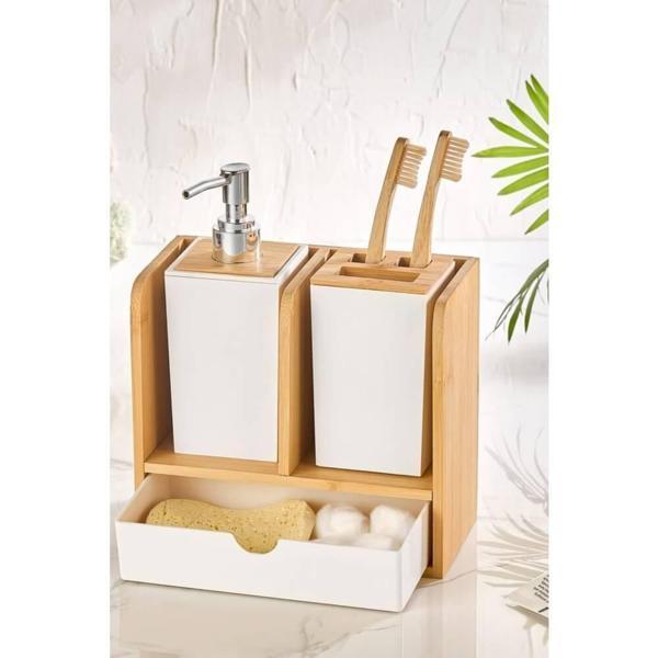 Piev Standlı Çekmeceli Bambu Sabunluk Diş Fırçalık - Image 1