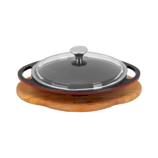 Yuvarlak Saç Kavurma Tavası Döküm Demir Yekpare Çift Kulplu Cam Kapaklı Kayın Servis Ahşabı Çap(Ø)20cm. - Image 1