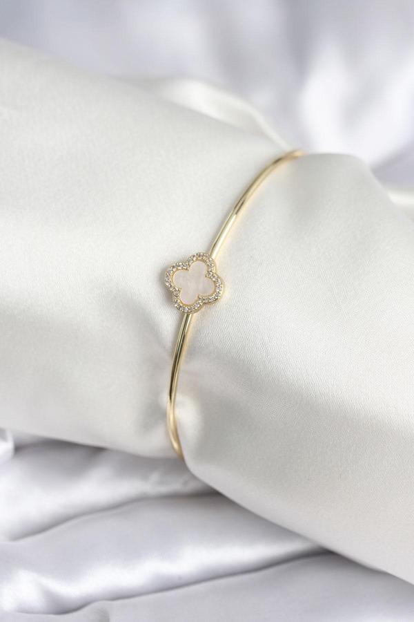 Beyaz Sedefli Yonca Model Gold Renk Kadın Bileklik 8005 - Image 1