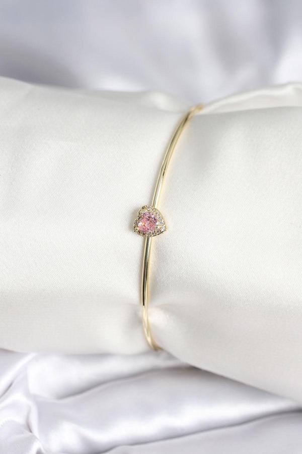 Pembe Zirkon Taşlı Kalp Model Gold Renk Kadın Bileklik 8001 - Image 1