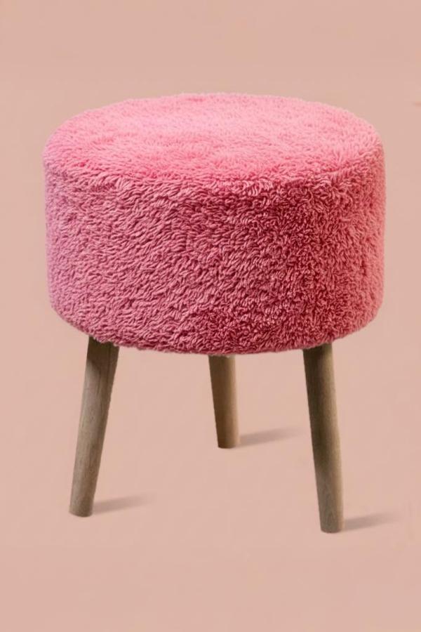 3 Ayaklı Mini Puf - Pembe Teddy Peluş Kumaşlı Mini Tabure  - Image 1