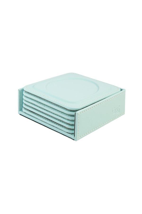 Bardak Altlığı,6’lı Set,Masaüstü Yuvarlak Cup Coaster,Vegan Suni Deri,11x11 cm.,Su Yeşili - Image 1