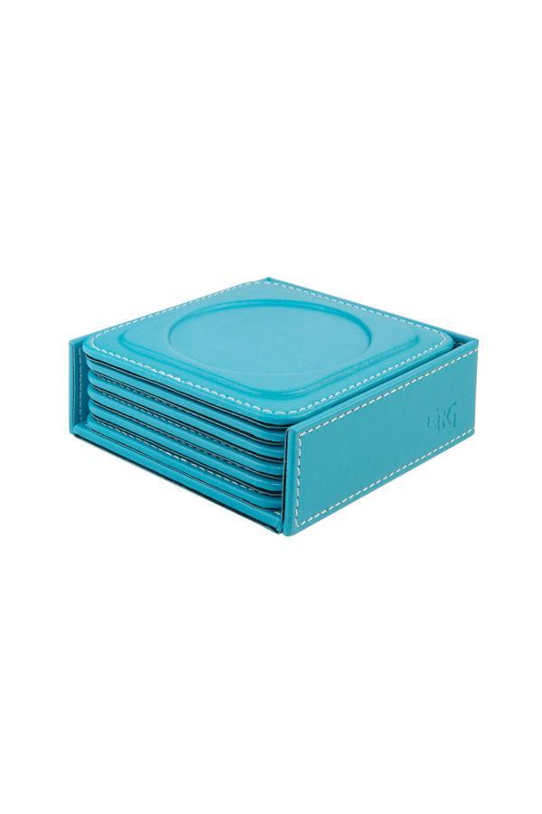 Bardak Altlığı,6’lı Set,Masaüstü Yuvarlak Cup Coaster,Vegan Suni Deri,11x11 cm.,Turkuaz - Image 1