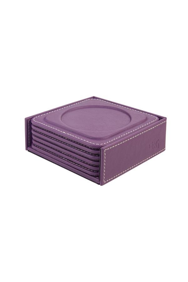 Bardak Altlığı,6’lı Set,Masaüstü Yuvarlak Cup Coaster,Vegan Suni Deri,11x11 cm.,Lila - Image 1