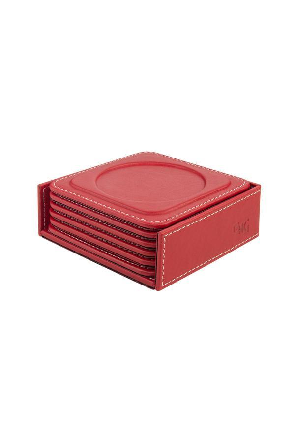 Bardak Altlığı,6’lı Set,Masaüstü Yuvarlak Cup Coaster,Vegan Suni Deri,11x11 cm.,Kırmızı - Image 1