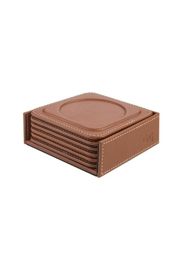 Bardak Altlığı,6’lı Set,Masaüstü Yuvarlak Cup Coaster,Vegan Suni Deri,11x11 cm.,Taba - Image 1