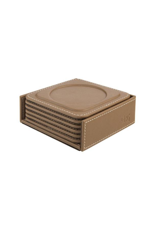Bardak Altlığı,6’lı Set,Masaüstü Yuvarlak Cup Coaster,Vegan Suni Deri,11x11 cm.,Vizon - Image 1