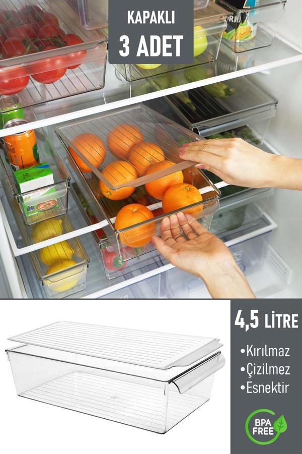 İronika Kapaklı Buzdolabı Düzenleyici Meyve Sebze Saklama Kabı Organizer 4,5 Litre x 3 Adet - Image 1