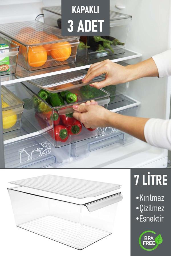 İronika Kapaklı Büyük Boy Buzdolabı Düzenleyici Meyve Sebze Saklama Kabı Organizer 7 Litre x 3 Adet - Image 1