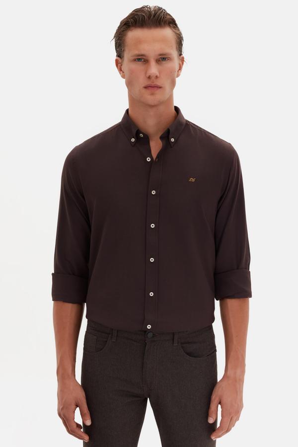 D's Damat Slim Fit Acı Kahve Oxford Düğmeli Yaka Kolay Ütülenebilir Nakış Detaylı Pamuklu Gömlek - Image 1