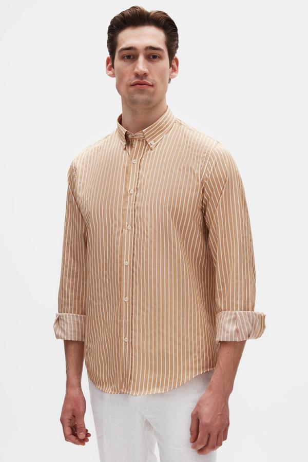 D's Damat Slim Fit Bej Çizgili Gömlek - Image 1