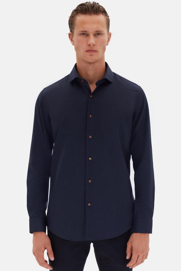 Ds Damat Slim Fit Lacivert İtalyan Yaka Armürlü Uzun Kollu Kolay Ütülenebilir Nefes Alan Dört Mevsim Gömlek - Image 1