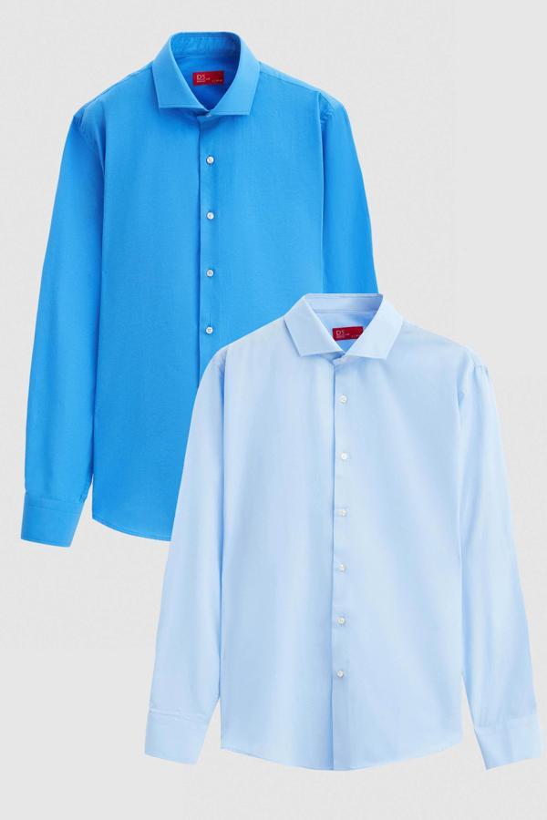 Ds Damat Slim Fit Mavi/Açık Mavi İtalyan Yaka Kolay Ütülenebilir 2'Li Gömlek - Image 1