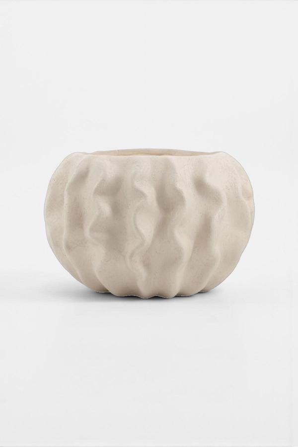 Tactus Oval Dalgalı Bej Seramik Dekoratif Vazo (21x14 cm) - Image 1