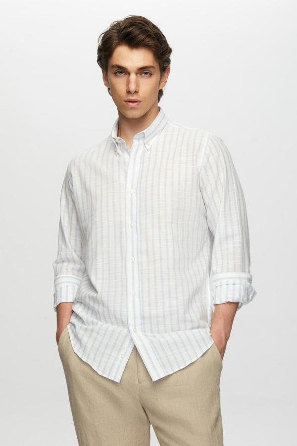 D's Damat Slim Fit Açık Mavi Çizgili Düğmeli Yaka %100 Pamuk Flamlı Yazlık Keten Görünümlü Gömlek - Image 1