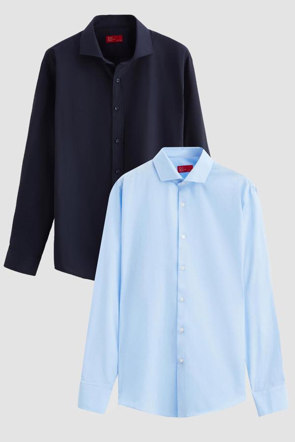 Ds Damat Slim Fit Lacivert/Açık Mavi İtalyan Yaka Kolay Ütülenebilir 2'Li Gömlek - Image 1