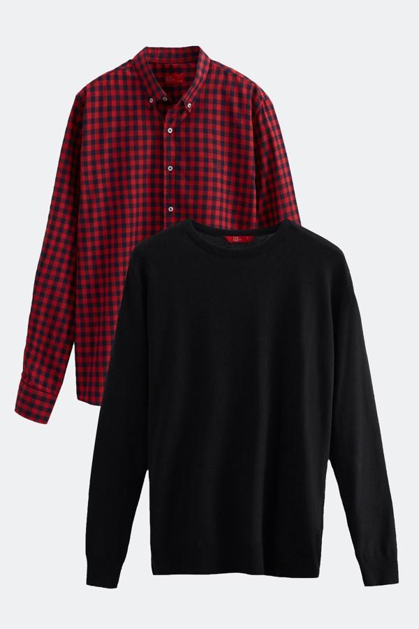 Ds Damat Slim Fit Kırmızı Pamuk Karışımlı 2'Li Bisiklet Yaka Triko Ve Gömlek - Image 1