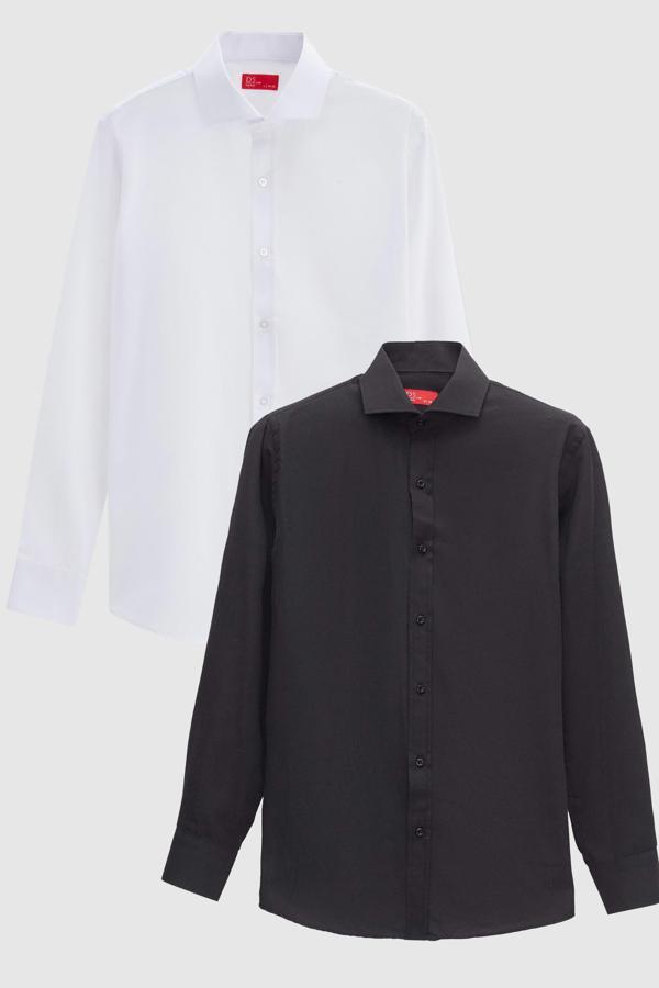 D's Damat Slim Fit Siyah/Beyaz İtalyan Yaka Kolay Ütülenebilir 2'Li Gömlek - Image 1