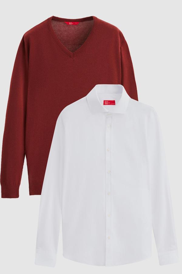 Ds Damat Slim Fit Kiremit Pamuk Karışımlı 2'Li V Yaka Triko Ve Gömlek - Image 1