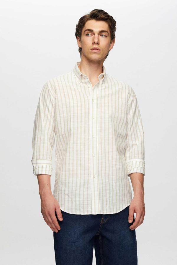 D's Damat Slim Fit Bej Çizgili Düğmeli Yaka %100 Pamuk Flamlı Yazlık Keten Görünümlü Gömlek - Image 1