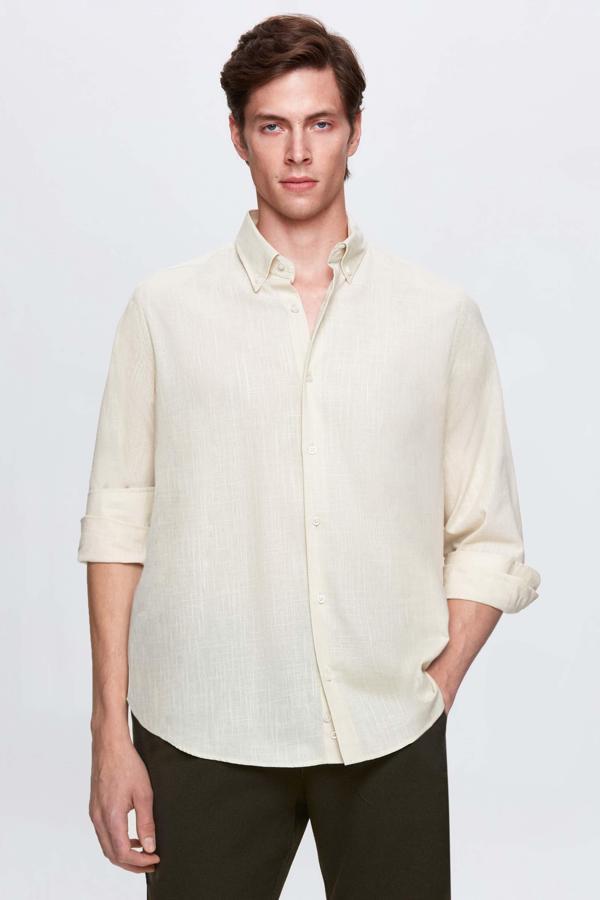 D's Damat Comfort Bej Düğmeli Yaka Rahat Kesim Keten Görünümlü %100 Pamuk Gömlek - Image 1