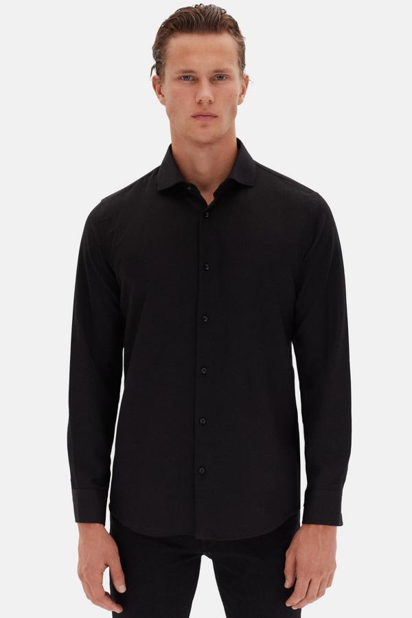 Ds Damat Slim Fit Siyah İtalyan Yaka Armürlü Uzun Kollu Kolay Ütülenebilir Nefes Alan Dört Mevsim Gömlek - Image 1