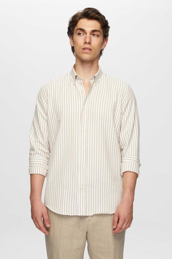 D's Damat Slim Fit Bej Çizgili Gömlek - Image 1
