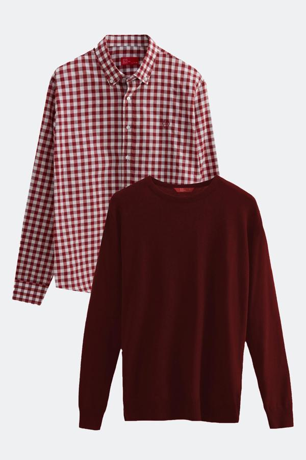Ds Damat Slim Fit Bordo Pamuk Karışımlı 2'Li Bisiklet Yaka Triko Ve Gömlek - Image 1