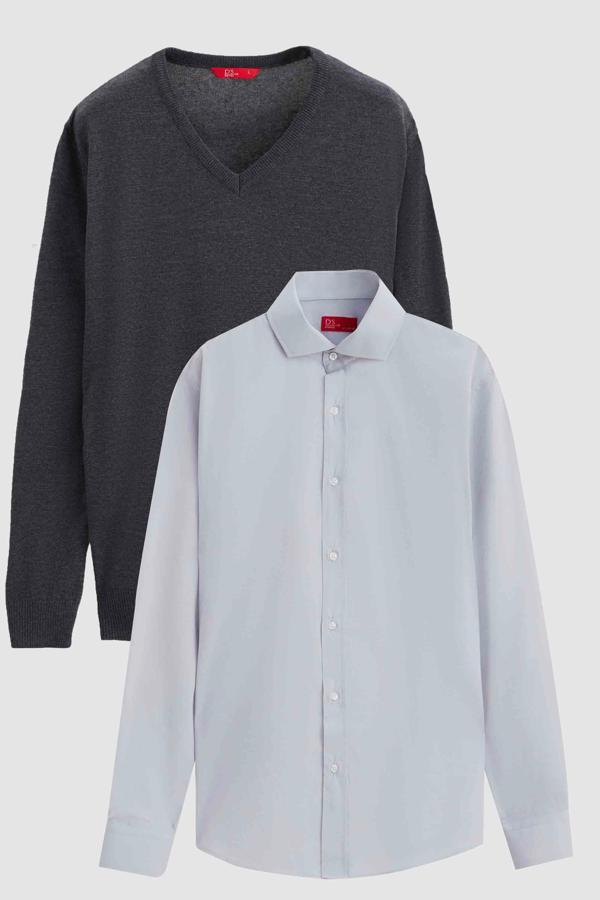 Ds Damat Slim Fit Antrasit Pamuk Karışımlı 2'Li V Yaka Triko Ve Gömlek - Image 1