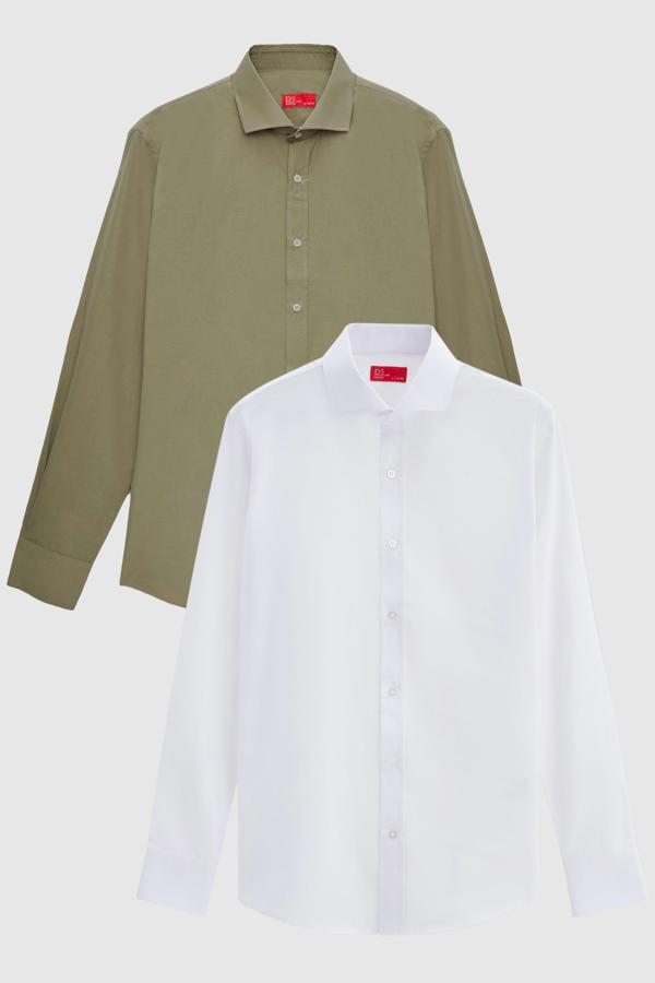 Ds Damat Slim Fit Haki İtalyan Yaka Kolay Ütülenebilir 2'Li Gömlek - Image 1