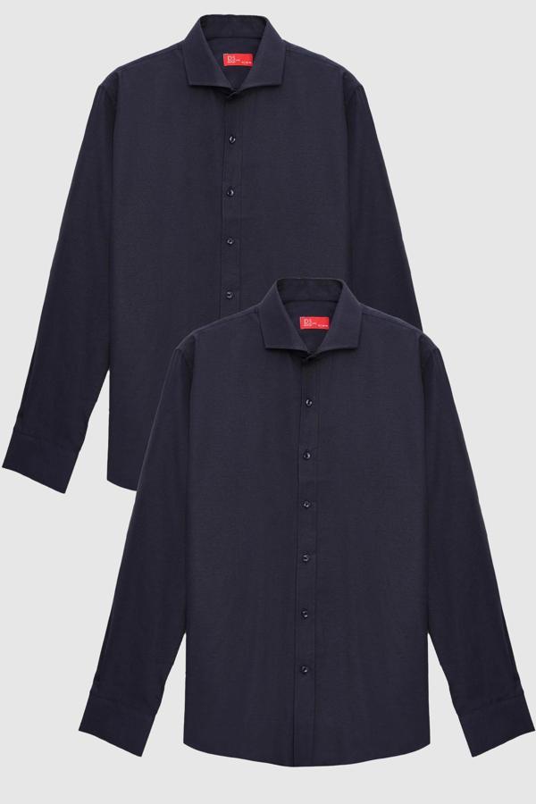 Ds Damat Slim Fit Lacivert İtalyan Yaka Kolay Ütülenebilir 2'Li Gömlek - Image 1