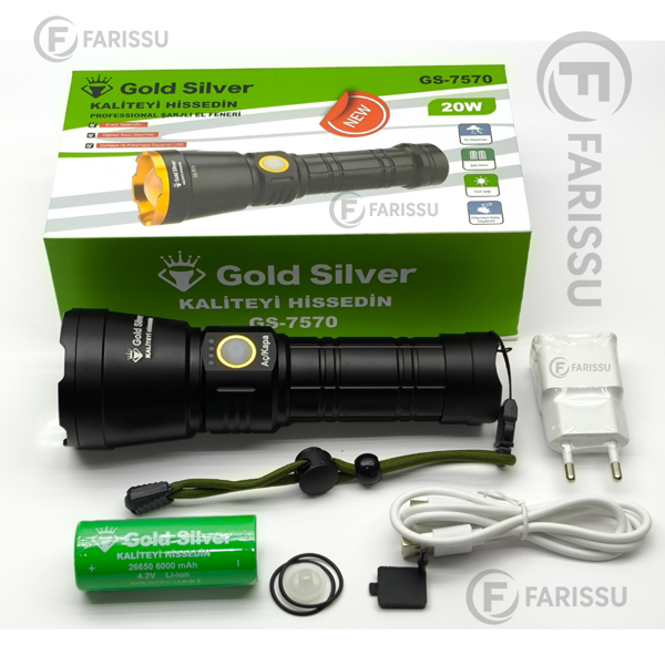 GS-7570 Şarjlı LED Fener - 20W, 1200 Lümen, 1.5 Km Zoom Menzil, 6000 mAh Batarya, Alüminyum Gövde - Image 1