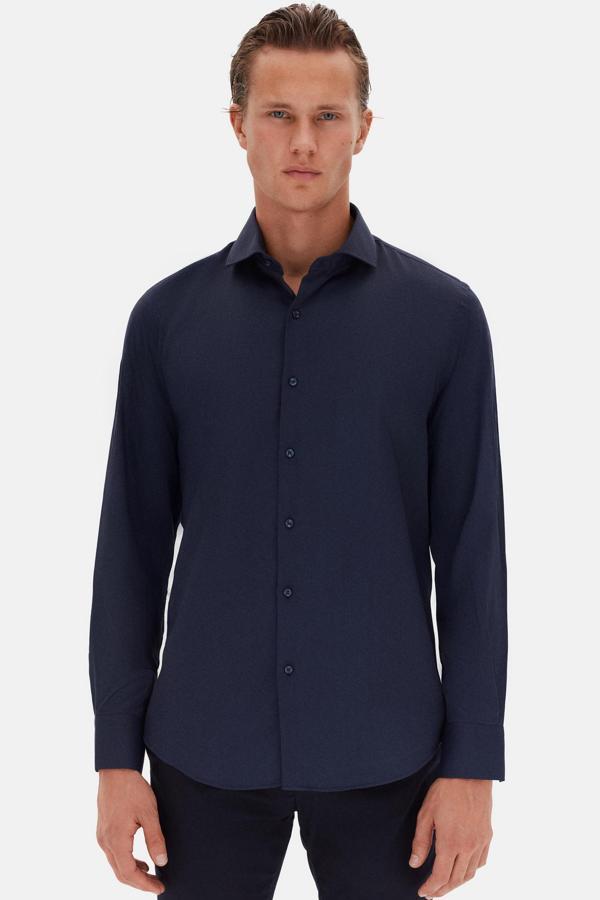 Ds Damat Slim Fit Lacivert İtalyan Yaka Armürlü Uzun Kollu Kolay Ütülenebilir Nefes Alan Dört Mevsim Gömlek - Image 1