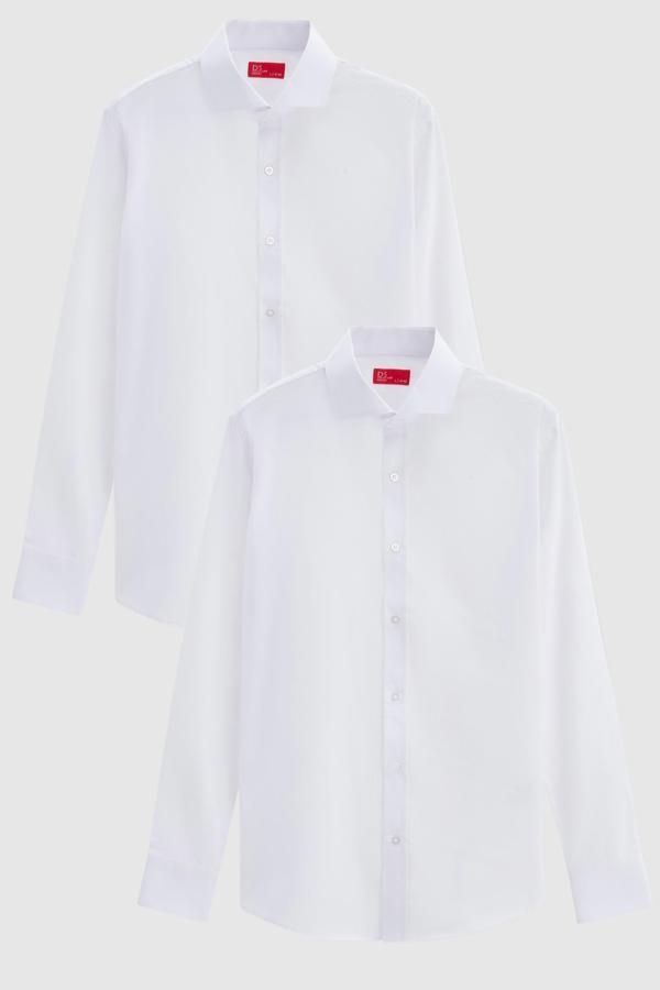 Ds Damat Slim Fit Beyaz İtalyan Yaka Kolay Ütülenebilir 2'Li Gömlek - Image 1