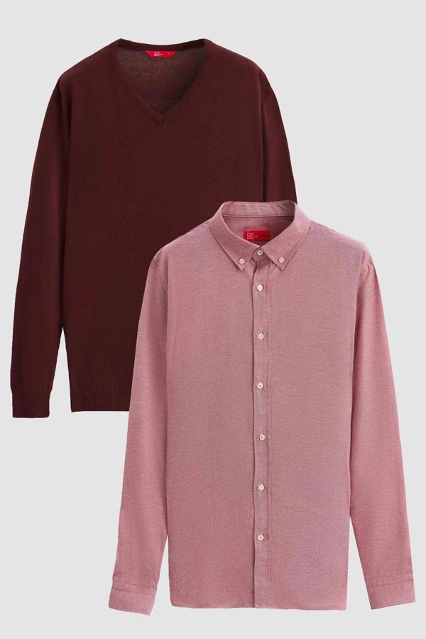 Ds Damat Slim Fit Bordo Pamuk Karışımlı 2'Li V Yaka Triko Ve Gömlek - Image 1