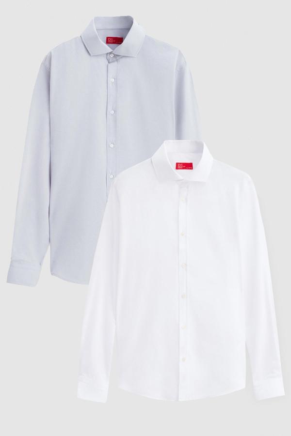 Ds Damat Slim Fit Gri/Beyaz İtalyan Yaka Kolay Ütülenebilir 2'Li Gömlek - Image 1