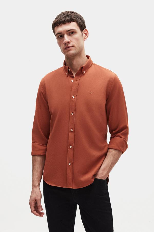 Ds Damat Slim Fit Tarçın Oxford Düğmeli Yaka Kolay Ütülenebilir Nakış Detaylı Pamuklu Gömlek - Image 1