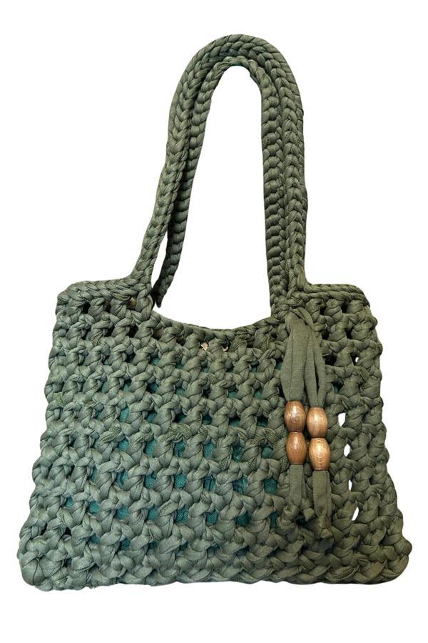 Uretti - Emine 9106 El Örgüsü Ahşap Boncuk Detaylı Penye Kumaş Omuz Çantası - 27 x 21 - Image 1
